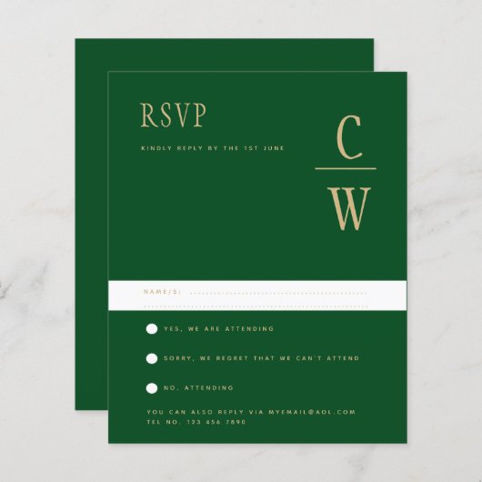 BUDGET Emerald Green Gold Wedding RSVP (Voorkant / Achterkant)
