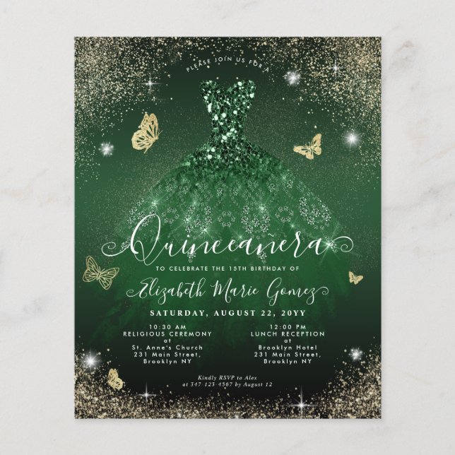Budget Emerald Green Gouden Gown Quinceanera Kaart (Voorkant)