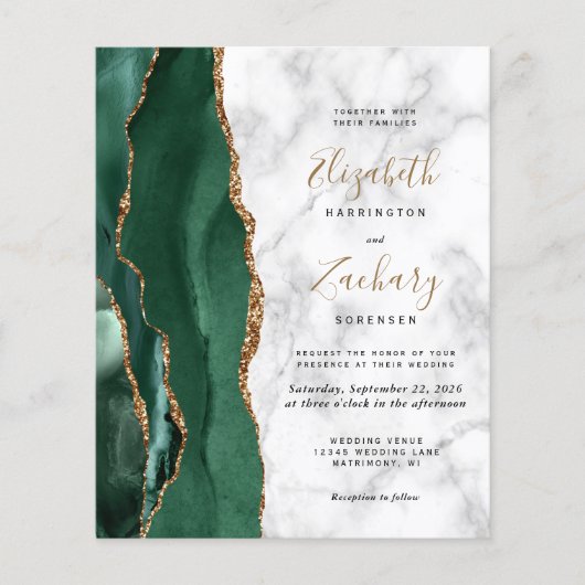 Budget Emerald Green Marble 4-Photo Wedding Invite (Voorkant)