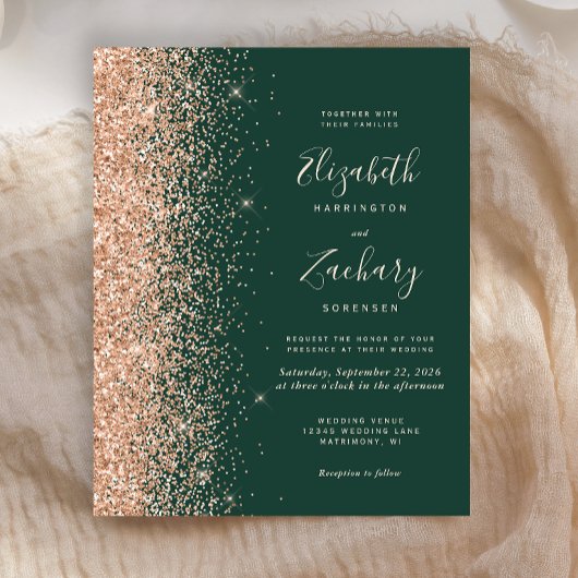 Budget Emerald Green Peach Glitter Wedding Invite