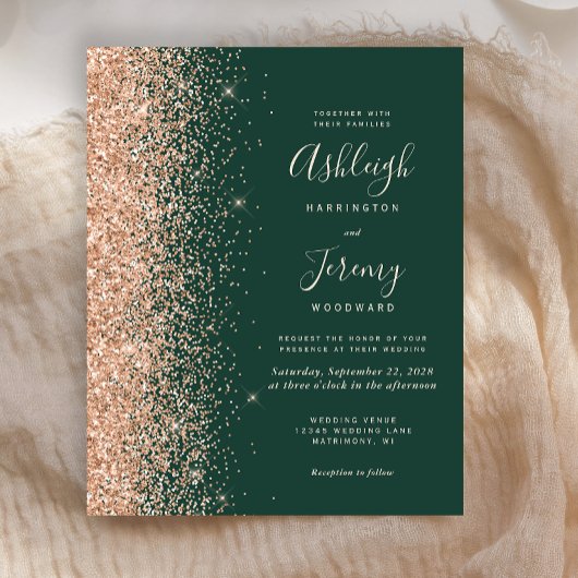 Budget Emerald Green Peach Glitter Wedding Invite