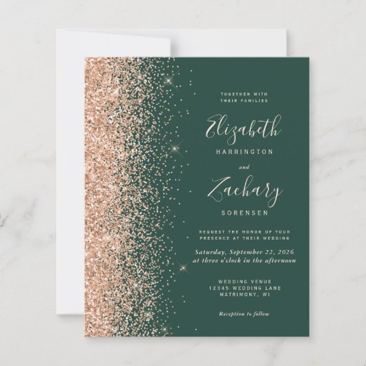 Budget Emerald Green Peach Glitter Wedding Invite (Voorkant)