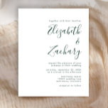 Budget Emerald Green Script Wedding Invitation<br><div class="desc">Deze eenvoudige moderne huwelijksuitnodiging is voorzien van smaragdgroene tekst op een witte achtergrond. Voeg de namen van de bruid en de groom in stijlvolle handschriftelkalligrafie en de details in sans serif doopvont toe. De achterkant is een overeenkomende schaduw van massief smaragdgroen.</div>