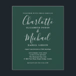 Budget Emerald Green Script Wedding Invitation<br><div class="desc">Met elegante namen voor handtekeningnamen kan deze moderne groene huwelijksuitnodiging gepersonaliseerd worden met je informatie in het teken van het schrift. Ontworpen door: Thisnotme©</div>