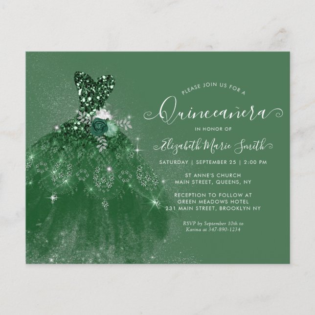 Budget Emerald Green Silver Glitter Quinceanera (Voorkant)