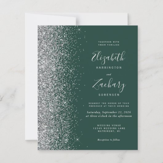 Budget Emerald Green Silver Glitter Wedding Invite (Voorkant)