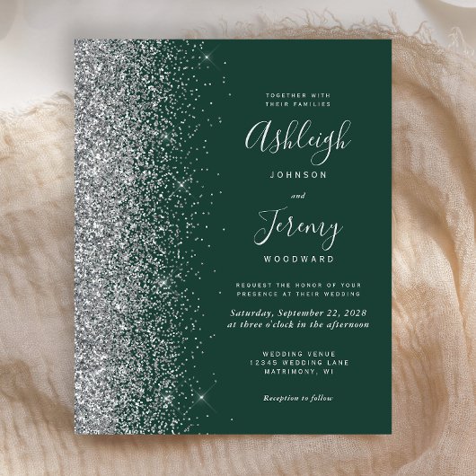 Budget Emerald Green Silver Glitter Wedding Invite