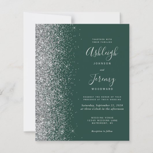Budget Emerald Green Silver Glitter Wedding Invite (Voorkant)