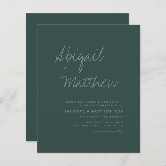 Budget Emerald Green Simple Wedding Uitnodiging (Voorkant / Achterkant)