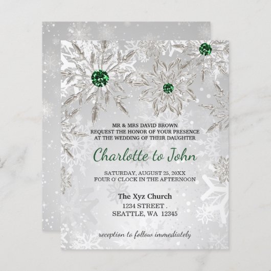 Budget Emerald Green Snowflakes Wedding-uitnodigin (Voorkant / Achterkant)