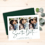 Budget Emerald Green Wedding Save the Date<br><div class="desc">BEGROTING Moderne Handgeschreven Sparen de Meervoudige Kaart van de Foto van de Datum in smaragdgroen en wit in een doopvont die elegant is en een romantisch handgeschreven gevoel veroorzaakt. Ontworpen om drie van uw favoriete foto's te gebruiken voor extra aanpassingen. Voeg eenvoudig uw namen en datums toe voor een echt...</div>