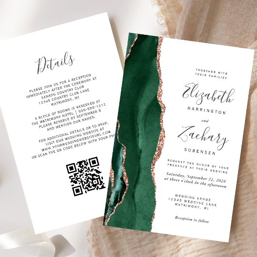 Budget Emerald Rose Gold Agate QR Code Wedding
