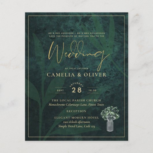 BUDGET EmeraldGreen Gold Gypsophila Wedding INVITE Flyer (Voorkant)
