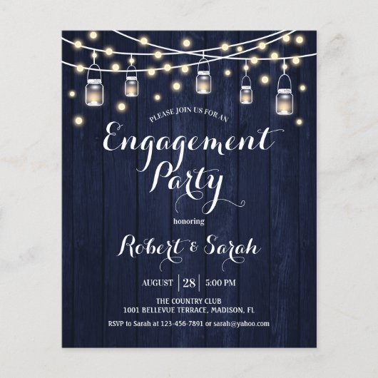 Budget Engagement Party Navy Rustic Wood Invite Flyer (Voorkant)
