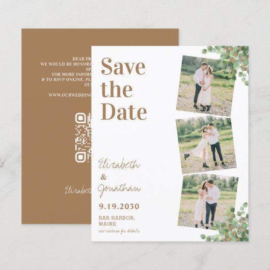 Budget Eucalyptus 3 Foto QR Code Save the Date (Voorkant / Achterkant)