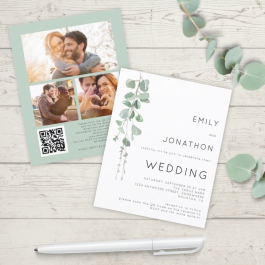 Budget Eucalyptus 3 Foto's QR Code Wedding Uitnodi