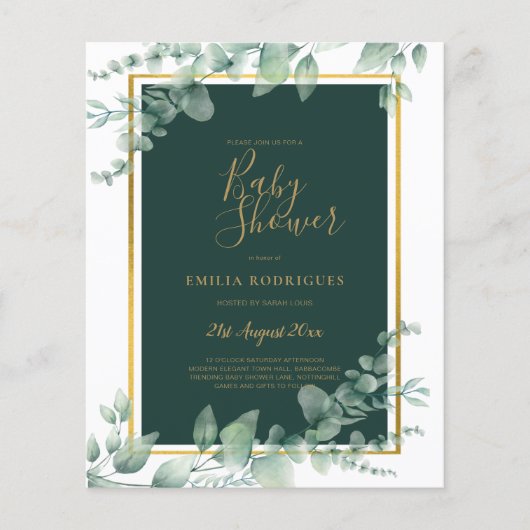 BUDGET Eucalyptus BABY SHOWER GOLD QR CODE INVITE Flyer (Voorkant)