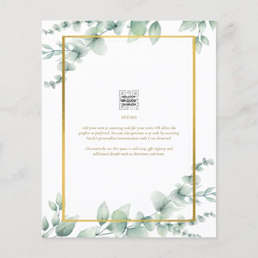 BUDGET Eucalyptus BABY SHOWER GOLD QR CODE INVITE Flyer (Achterkant)