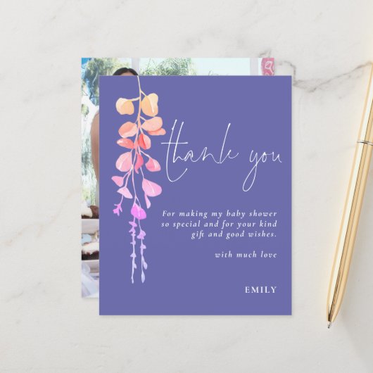 Budget Eucalyptus Baby shower Lila Foto Bedankt (Voorkant / Achterkant in situ)