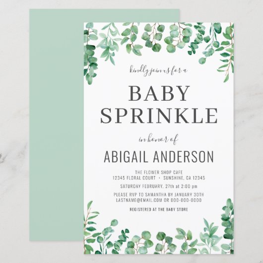 Budget Eucalyptus Baby Sprinkle Shower Uitnodiging (Voorkant / Achterkant)