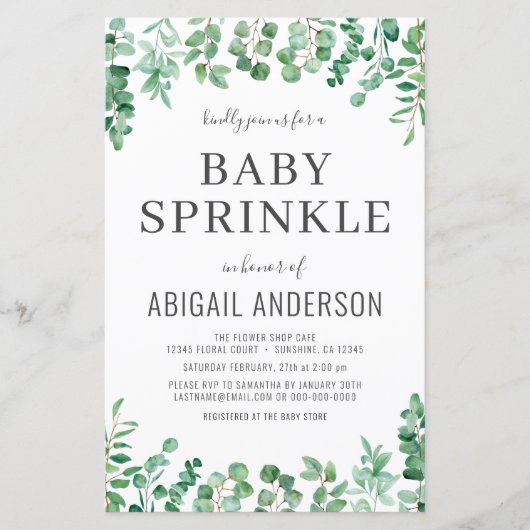 Budget Eucalyptus Baby Sprinkle Shower Uitnodiging (Voorkant)