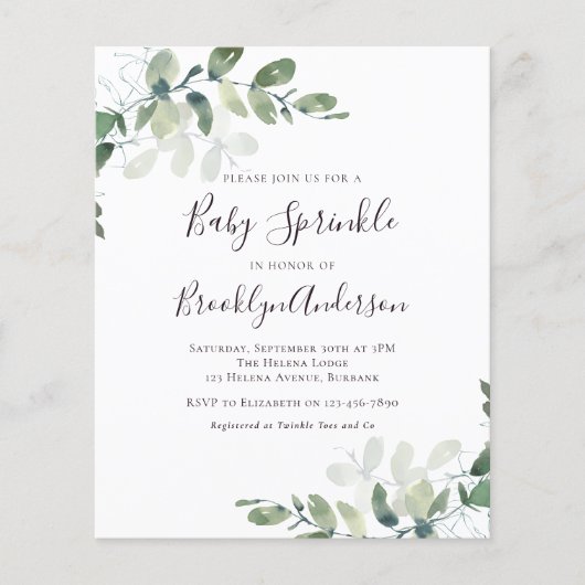 Budget Eucalyptus Baby Sprinkle Uitnodiging (Voorkant)