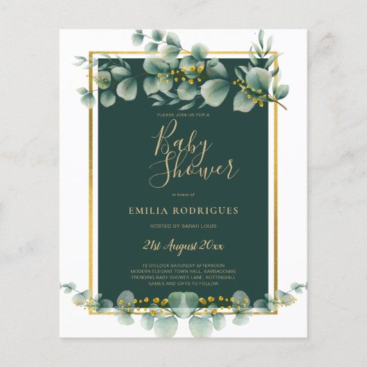 BUDGET Eucalyptus BABYSHOWER GOUD QR CODE UITNODIG Flyer (Voorkant)