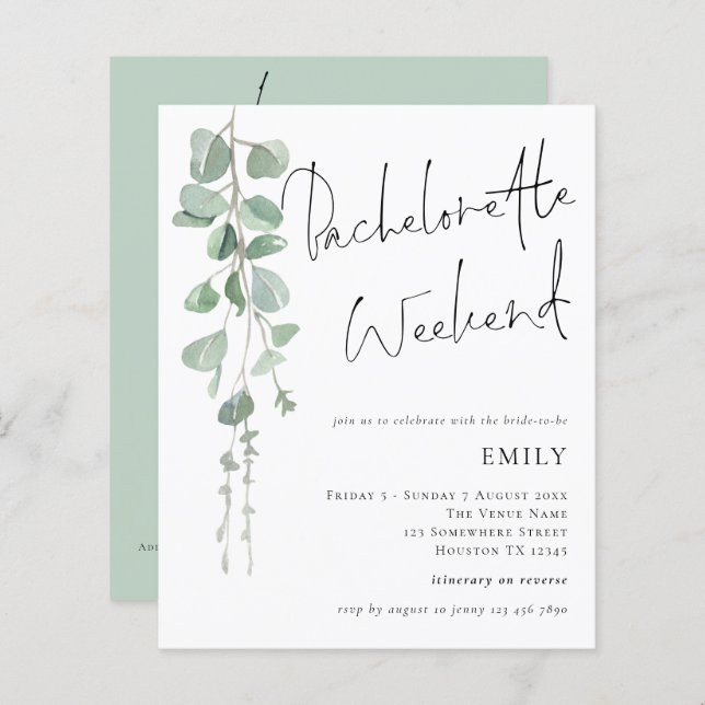 Budget Eucalyptus Bachelorette Weekend Invite (Voorkant / Achterkant)