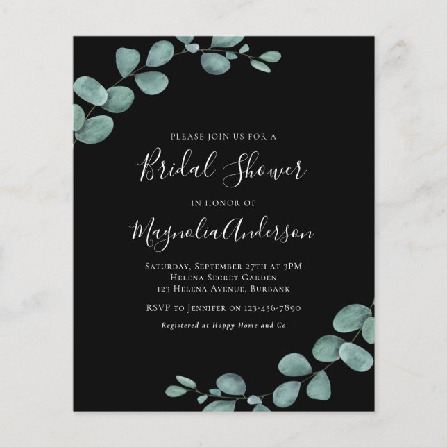 Budget Eucalyptus Black Bridal Showuitnodiging (Voorkant)