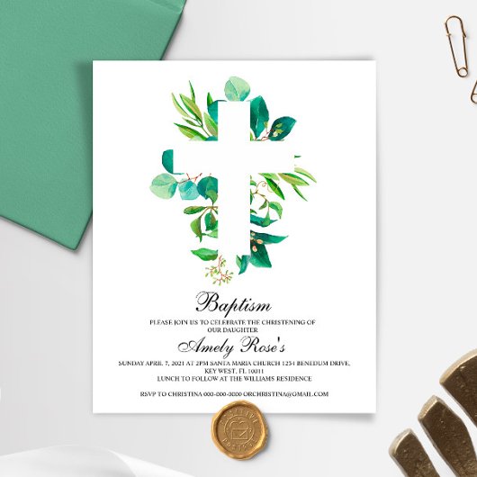 Budget Eucalyptus Bladeren Kruis Doop Uitnodiging