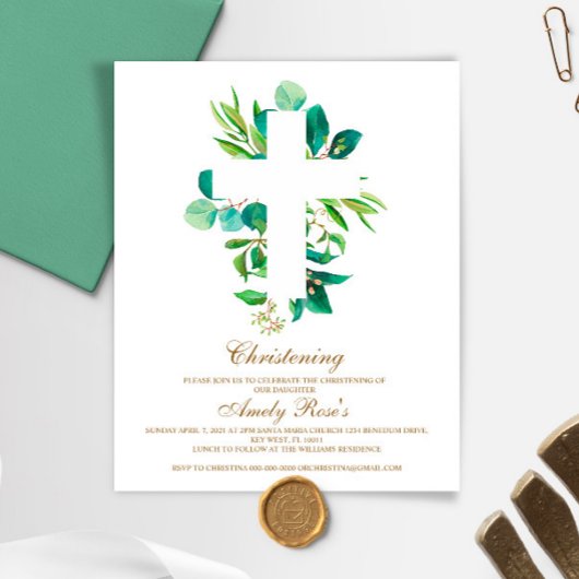 Budget Eucalyptus Bladeren Kruis Doop Uitnodiging