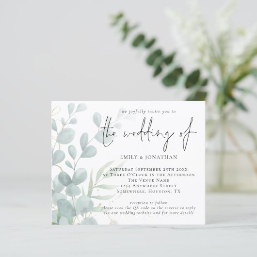 Budget Eucalyptus Blue QR Code Weduwen Uitnodiging (Staand voorkant)