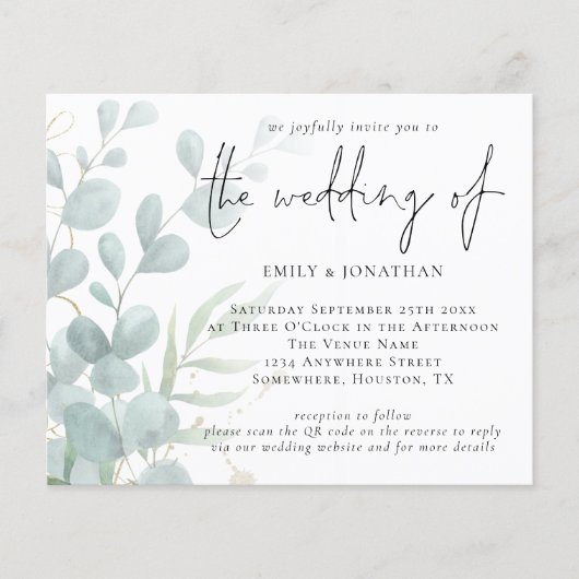 Budget Eucalyptus Blue QR Code Weduwen Uitnodiging (Voorkant)