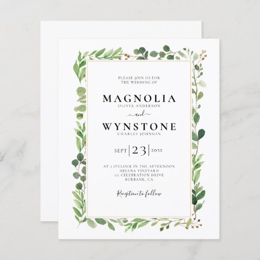 Budget Eucalyptus Botanical Weduwen Uitnodiging (Voorkant / Achterkant)