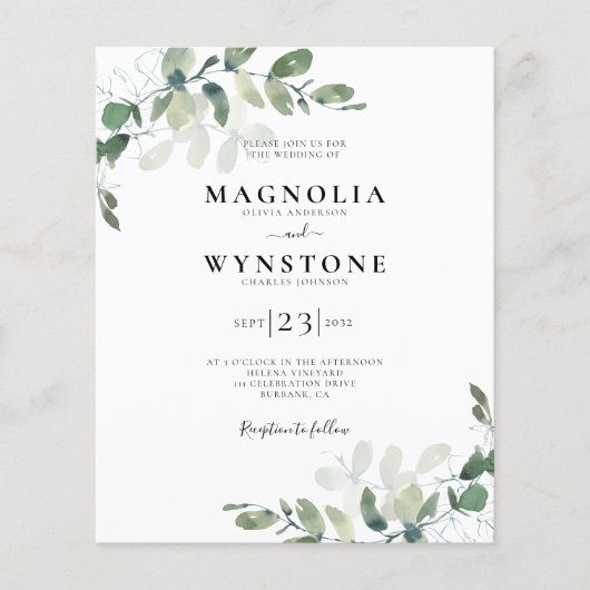 Budget Eucalyptus Botanical Weduwen Uitnodiging (Voorkant)