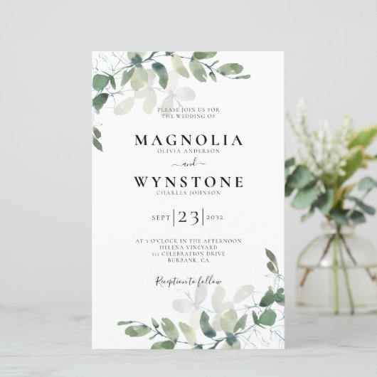 Budget Eucalyptus Botanical Weduwen Uitnodiging (Staand voorkant)