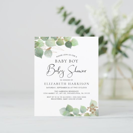 Budget Eucalyptus Boy Baby shower Uitnodiging (Staand voorkant)