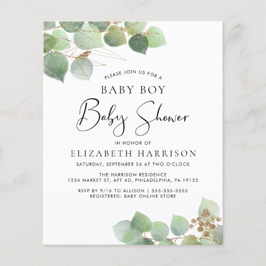 Budget Eucalyptus Boy Baby shower Uitnodiging (Voorkant)