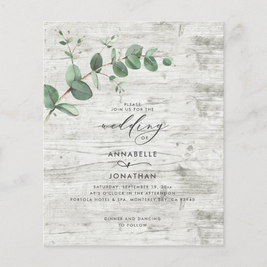 budget Eucalyptus bruiloft wit hout Uitnodiging Flyer (Voorkant)