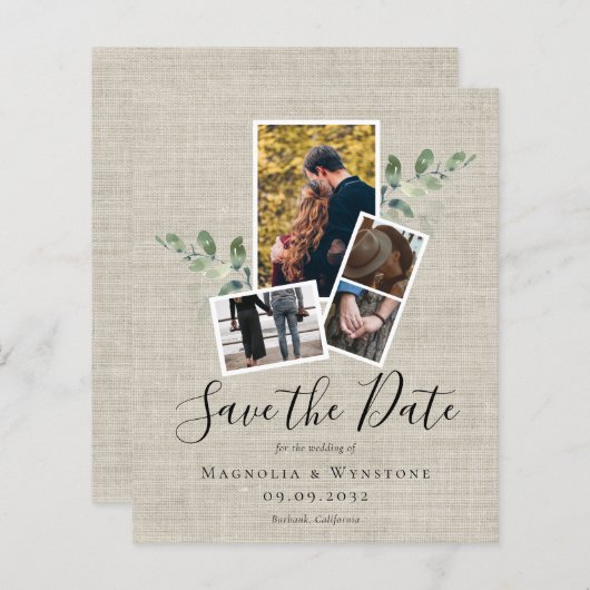 BUDGET Eucalyptus Burlap Weduwen sparen de datum (Voorkant / Achterkant)