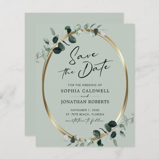 Budget Eucalyptus Calligraphy Sage Save the Date (Voorkant / Achterkant)
