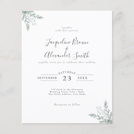 Budget Eucalyptus Calligraphy Wedding Invitation F Flyer (Voorkant)