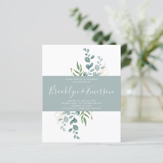 BUDGET Eucalyptus Casual huwelijk uitnodiging (Staand voorkant)