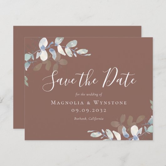 BUDGET Eucalyptus Cognac Weddenschap Save the Date (Voorkant / Achterkant)