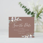 BUDGET Eucalyptus Cognac Weddenschap Save the Date (Staand voorkant)