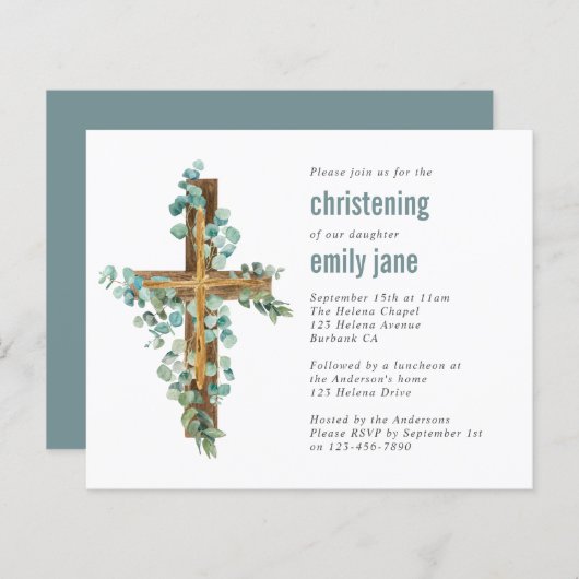 Budget Eucalyptus Cross Christening Uitnodiging (Voorkant / Achterkant)