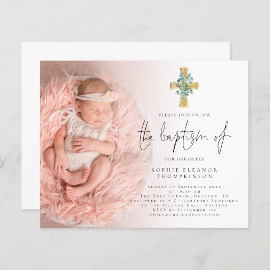 Budget Eucalyptus Cross Foto Baptisme Uitnodigen (Voorkant / Achterkant)