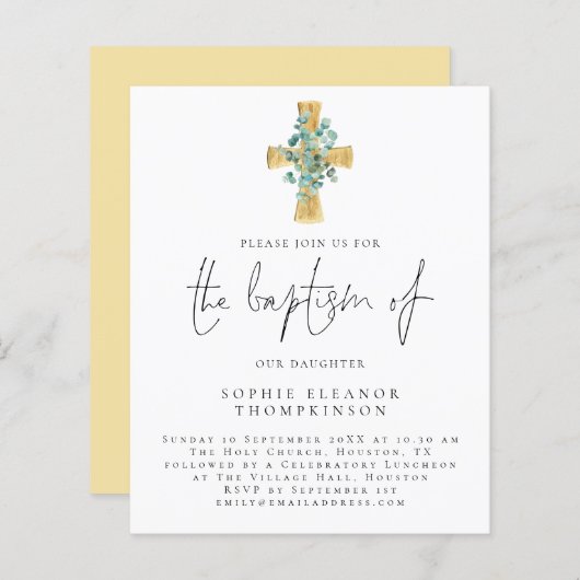 Budget Eucalyptus Cross Script Baptism Uitnodiging (Voorkant / Achterkant)