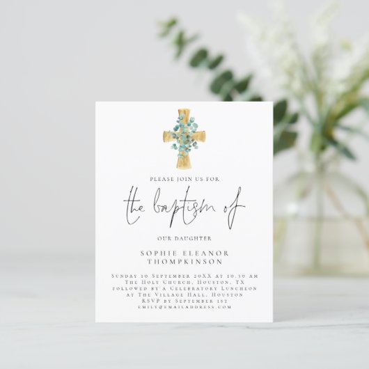 Budget Eucalyptus Cross Script Baptism Uitnodiging (Staand voorkant)