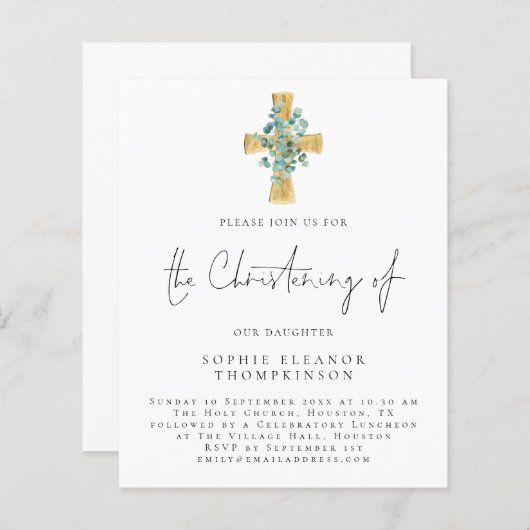 Budget Eucalyptus Cross Script Christening Uitnodi (Voorkant / Achterkant)